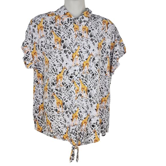 Jane + Delancey Shirt Large Giraffe Animal Print Short Sleeve Button Tie Waist - Picture 1 of 10